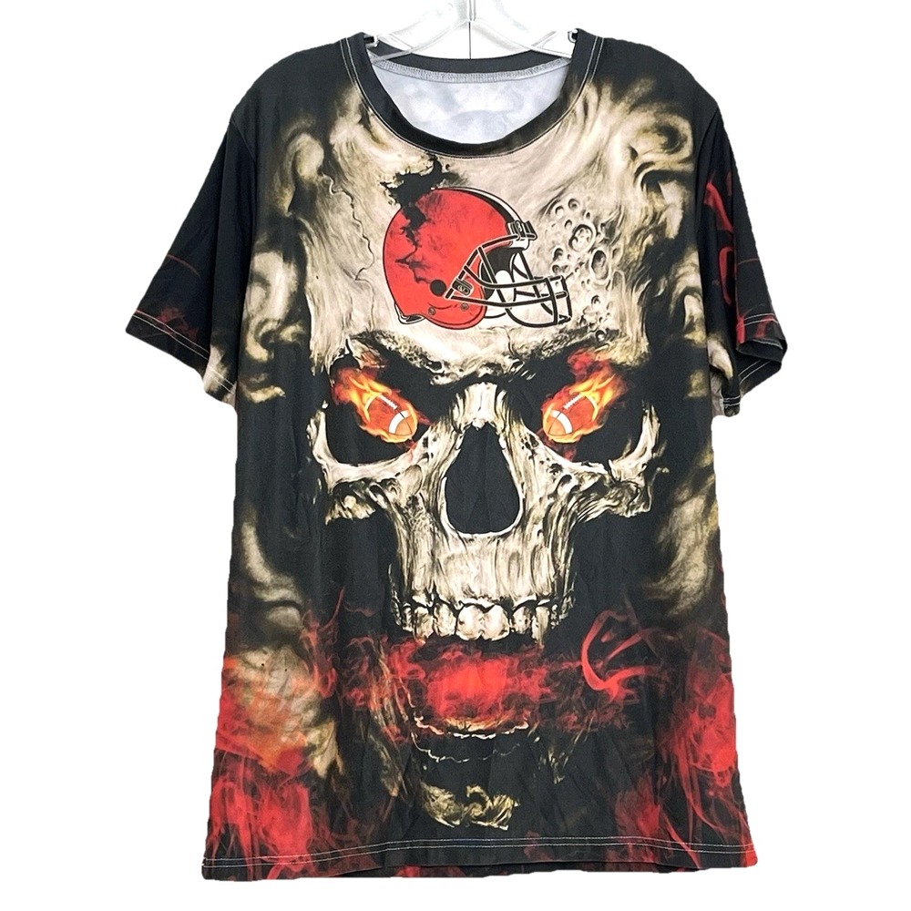Cleveland Browns‎ 3D Graphic T-Shirt M/L Skull on Fire Flaming Football Eyes AOP